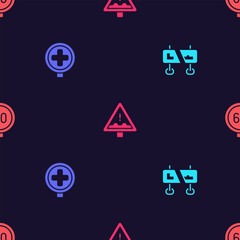 Set Road traffic sign, Hospital road, Uneven ahead and Speed limit on seamless pattern. Vector
