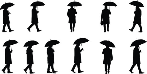 Silhouette people walking under umbrellas, rainy day vector illustration, black and white design, city weather concept, isolated elegant urban art.
