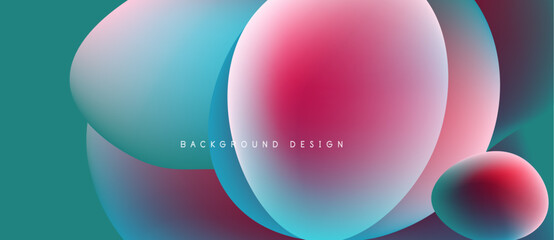 Abstract fluid shapes overlap, creating vibrant color gradients. Teal, pink, blue hues blend seamlessly. Modern design element.