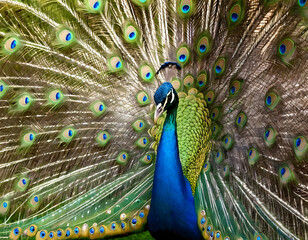 Obraz premium brilliantly colorful peacock displaying its iridescent plumage in full glory. Concept of natural splendor.