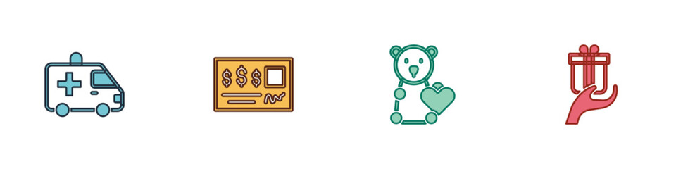 Set Ambulance car, Bank check, Donate child toys and Give gift icon. Vector