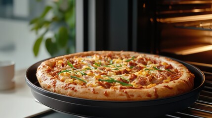 Delicious Hawaiian Pizza: Freshly Baked Pizza with Pineapple, Ham, and Green Onions in Oven, Italian Cuisine, Food Photography