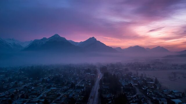 Mountain town covered in fog at twilight