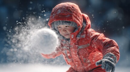 A joyful Asian boy in an orange winter coat throws a snowball in a snowy landscape, capturing the essence of childhood playfulness.