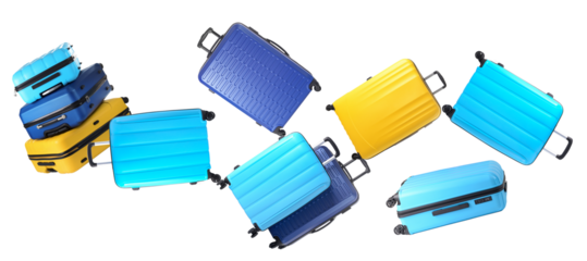 dynamic arrangement of colorful rolling hard-shell suitcases seemingly floating or falling against a solid transparent background.