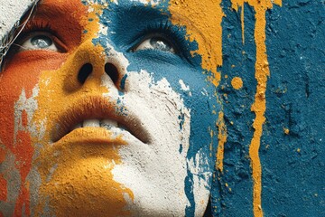 Modern art portrait blending realism and grunge wall textures. 