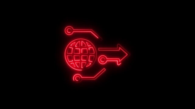 Red neon globe with outgoing arrow and circuit lines on black background digital concept for