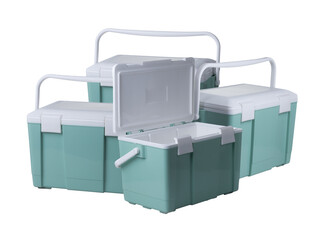 stack of plastic insulated coolers or chilly bins in mint green and white, isolated on a clean transparent background.