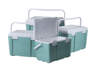 stack of plastic insulated coolers or chilly bins in mint green and white, isolated on a clean transparent background.