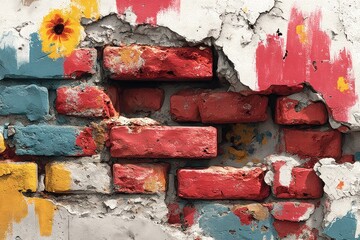Urban art wall with fragments of graffiti and flaking plaster.