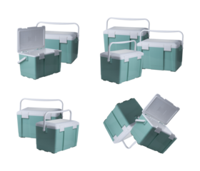 multiple pairings and groupings of mint green and white plastic insulated ice chests isolated on a dark studio background.