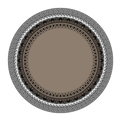 Round gold black frame with greek patterns on white background. Circle porcelain plate with arabesque, floral meander. Greek key. Pattern of Greece, ancient Rome. For textile, embroidery, porcelain