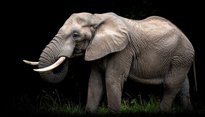 Obraz premium Majestic African Elephant Standing in Lush Green Grass at Night