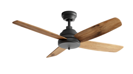 Ceiling Fan with Wooden Blades: An overhead view showcases an aesthetically pleasing ceiling fan, with its striking wooden blades providing a blend of natural charm and cooling functionality. 