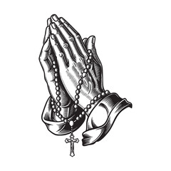 Praying Hands with Rosary, engraving vector illustration