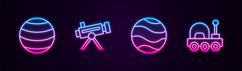 Set line Planet, Telescope, and Mars rover. Glowing neon icon. Vector © vector_v