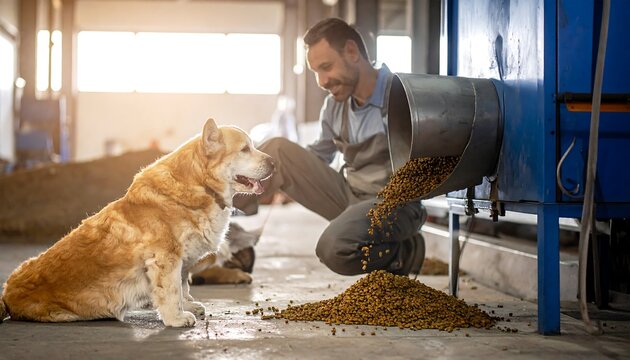 A man, kneeling, feeds a large, fluffy dog kibble from a large metal chute in an industrial setting. Sunlight bathes the scene