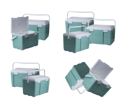 multiple pairings and groupings of mint green and white plastic insulated ice chests isolated on a dark studio background.