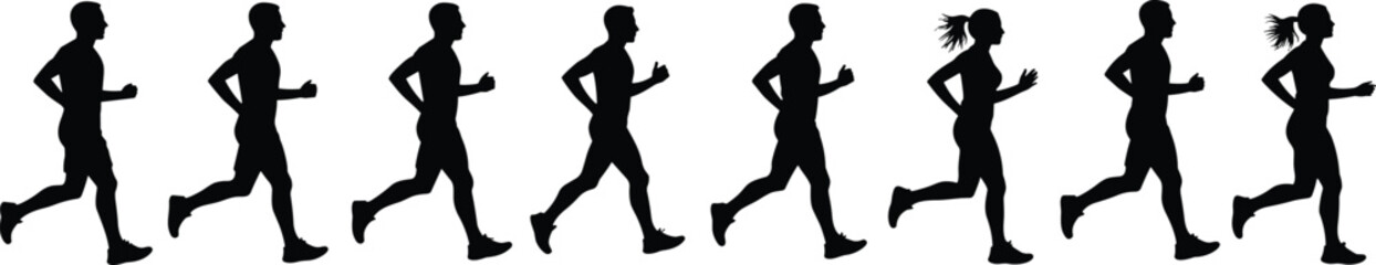 Obraz premium Silhouette sequence of man and woman running together in motion, fitness workout, jogging, exercise, marathon training, active lifestyle illustrationSilhouette sequence of man and woman 