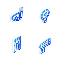Set Isometric line Gauge scale, Diving mask with snorkel, Wetsuit for scuba diving and Flashlight diver icon. Vector