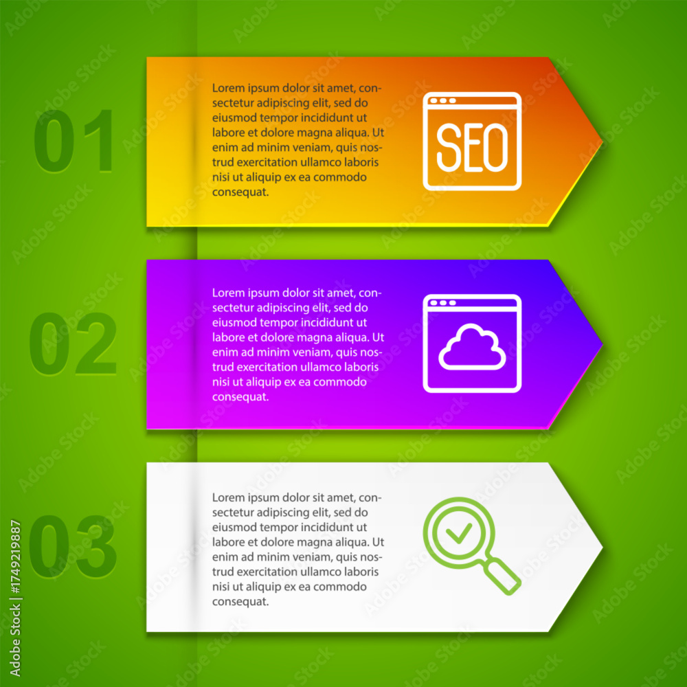 Wall mural set line seo optimization, cloud technology data transfer and magnifying glass with check mark. busi