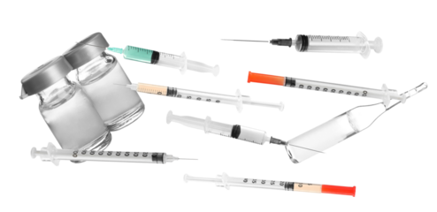 dynamic studio photograph capturing various medical supplies like hypodermic syringes, glass vials, and ampoules floating chaotically against a pure transparent background.
