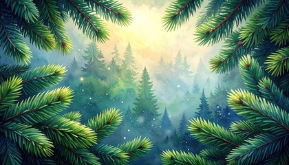 Majestic Evergreen Forest Canopy with Mist And Sunlight Background