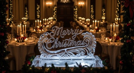 Exquisite "Merry Christmas" ice sculpture as a centerpiece in an elegant ballroom, surrounded by flickering candles and festive decor.