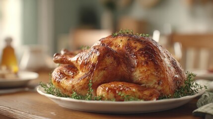 A beautifully roasted turkey garnished with fresh thyme, served on a white platter, perfect for a festive dinner.