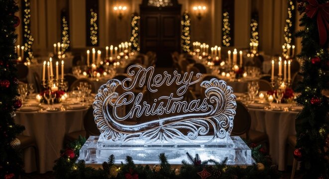 Exquisite "Merry Christmas" ice sculpture as a centerpiece in an elegant ballroom, surrounded by flickering candles and festive decor.