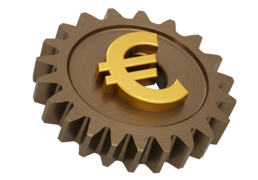 Golden euro symbol on a bronze gear isolated, currency concept for finance and engineering in a 3D rendering