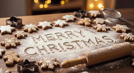 "Merry Christmas" spelled in flour on a rustic wooden table, surrounded by freshly baked gingerbread cookies and baking tools.