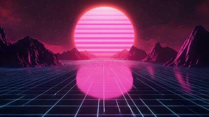 Retro synthwave landscape with glowing neon grid path - Powered by Adobe