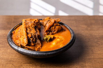 Fufu With Smoked Fish Light Soup and Goat Meat, Africa Ghana Traditional Dish
