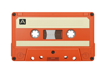 Orange audio cassette tape isolated, vintage music storage format for retro sound recording and playback