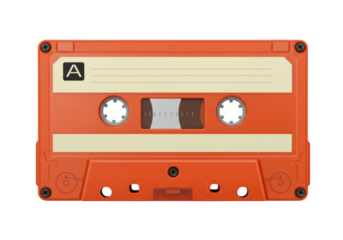 Orange audio cassette tape isolated, vintage music storage format for retro sound recording and playback