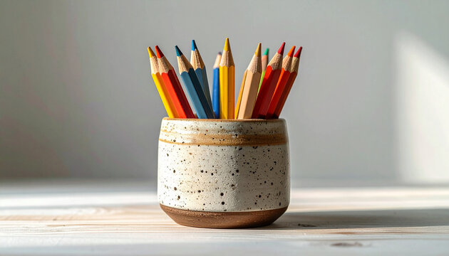 Bright colored pencils in simple ceramic holder, clean background, high-detail textures on wood