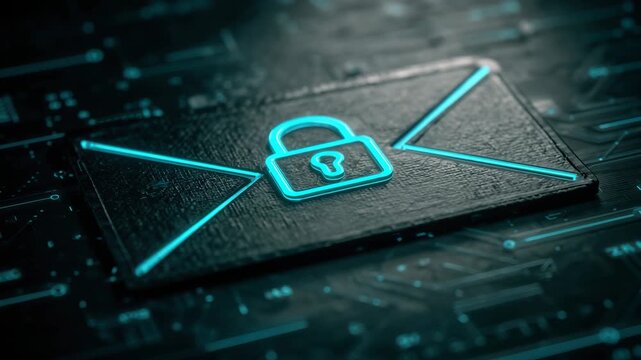 Secure Digital Envelope Icon with Neon Blue Lock Symbol Over Dark Textured Background with Circuit Board Pattern and Glowing Lines Representing Data Transfer and Cybersecurity Concept