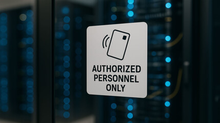 Authorized personnel only sign on glass door of server room restricted access security rule monitoring enforcement workplace protection and technology environment