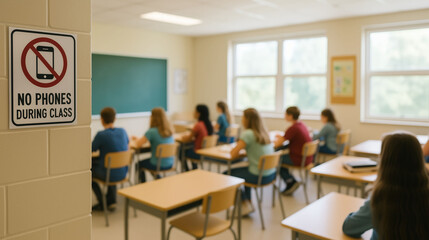 No phones during class sign showing student discipline policy restriction regulation and educational guideline for communication silence attention and learning environment
