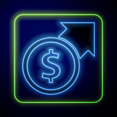 Glowing neon Financial growth and dollar coin icon isolated on blue background. Increasing revenue. Vector