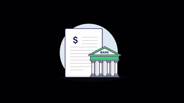 Document with Bank Building. Bank Statement Concept Animation Video - Transparent
