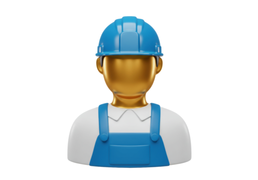 Blue hard hat construction worker avatar isolated PNG, golden faceless person in overalls for profile picture and design use
