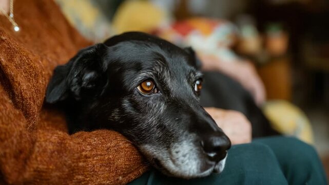 A loyal black dog rests its head on the lap of its owner, showcasing a heartwarming bond and connection that exemplifies companionship and unconditional love.