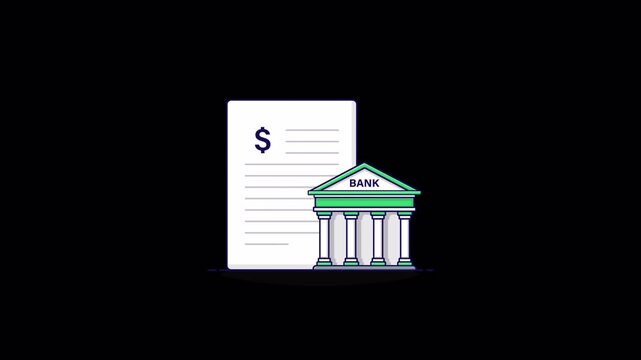 Animated Document with Bank Building. Bank Statement Concept Video - Transparent