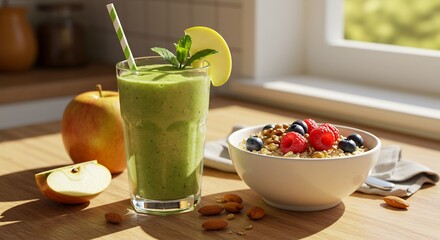窓から差し込む柔らかな光が温かく照らすキッチン空間木製テーブルには鮮やかな緑の爽やかスムージーと色とりどりのベリーがたっぷり乗った栄養満点グラノーラボウル健康的な一日を始めるための魅力的な朝食シーン. AI Generated