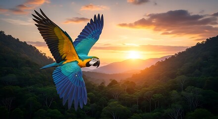 Macaws Flight at Sunset - A Vibrant Display of Natures Beauty.