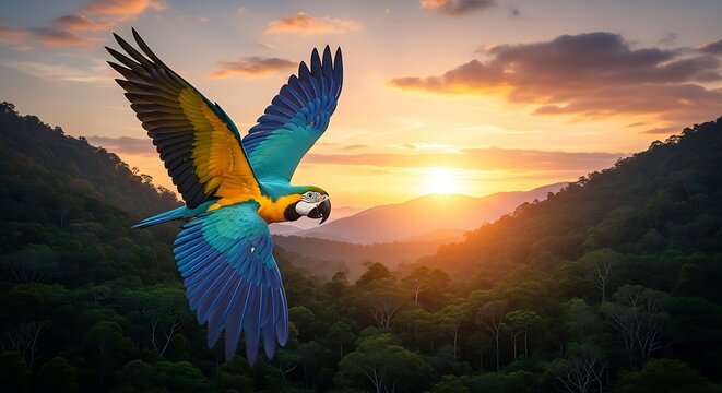 Macaws Flight at Sunset - A Vibrant Display of Natures Beauty. - Powered by Adobe
