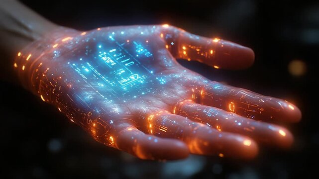 Futuristic Hand Glowing with Digital Data and Circuits.