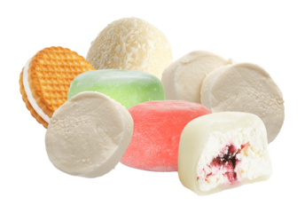 photograph of an assortment of japanese mochi ice cream desserts in various flavors and colors, including a sliced piece showing the filling, isolated on black.